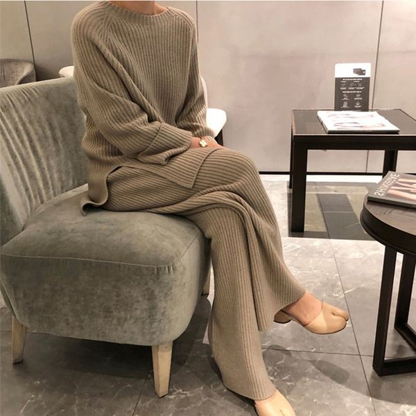 

women's two piece pants thin side split & pants set fashion knitted autumn new temperament loose sweater wide leg pant two-piece sets, White