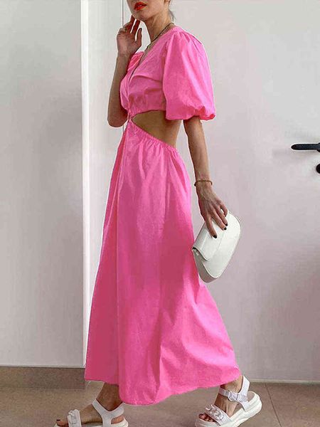 

women hollow v neck puff sleeve dress lady temperament pink folds leaking waist dresses 2022 summer fashion party midi robe t220816, Black;gray