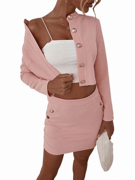 

solid button front & bodycon skirt x684#, White