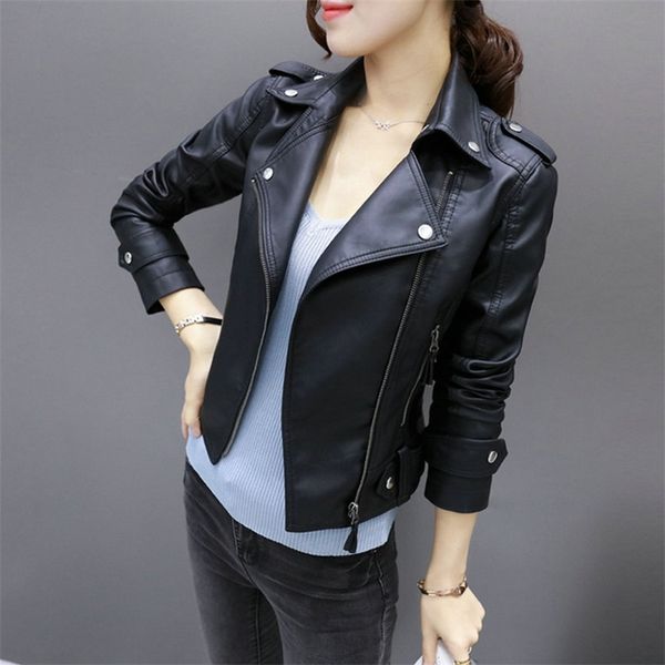 

women leather jacket faux sheepskin elegant motorcycle vintage pu imitation biker short lapel outerwear waisted long sleeve bf 220819, Black;brown