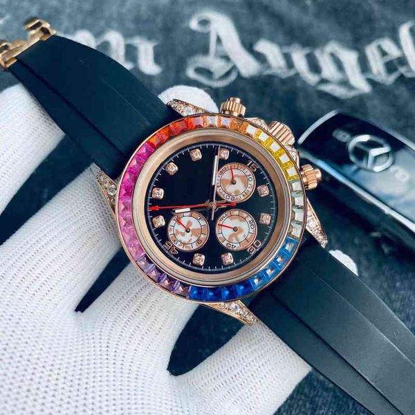 

huiya06 40mm men's watch automatic mechanical movement watches rubber/steel rainbow diamond bezel sapphire waterproof wristwatches mont, Slivery;brown