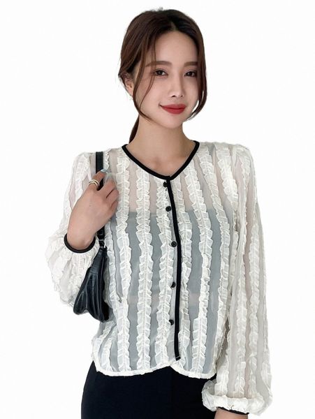 

dazy frill trim contrast binding bishop sleeve sheer blouse v1x7#, White