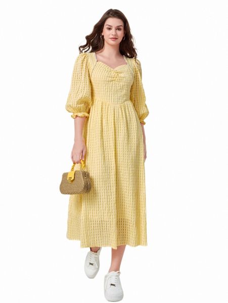 

lantern sleeve sweetheart neck pearls trim ruched dress 6917#, Black;gray