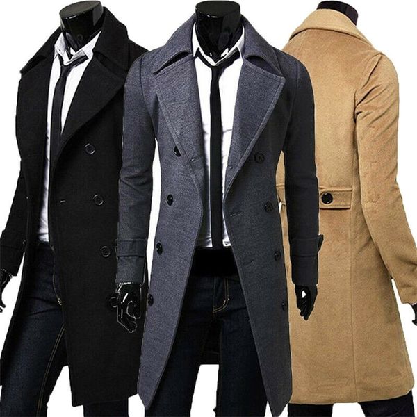 

men jacket warm winter trench coat long outwear button overcoat male casual windbreaker jackets coats wool blends 220818, Black