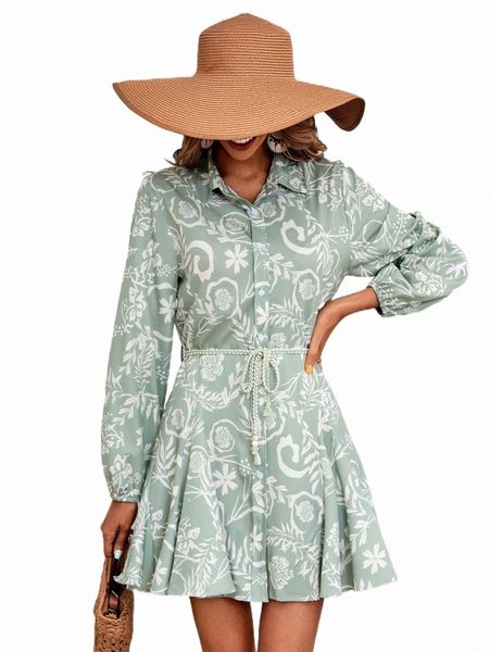 

floral print godet hem belted shirt dress c0kh#, Black;gray