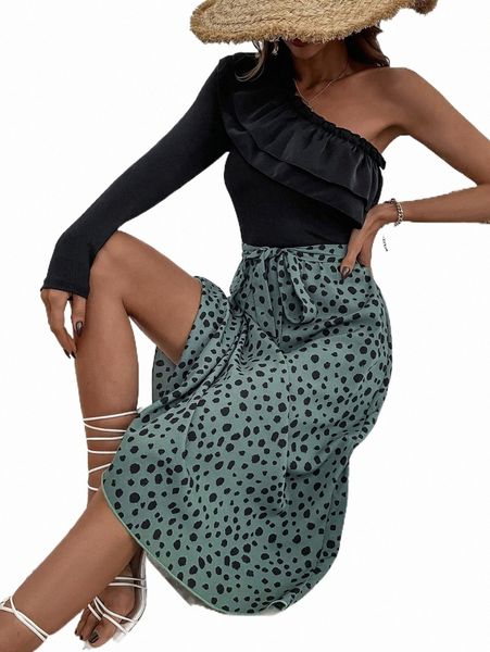 

dalmatian print one shoulder ruffle trim dress g6d6#, Black;gray