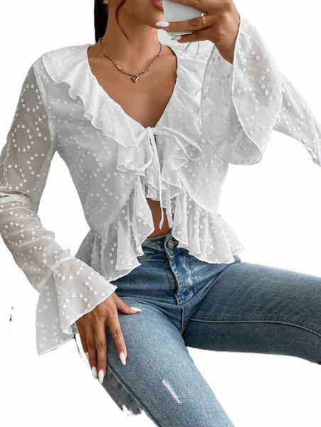 

swiss dot ruffle trim flounce sleeve knot front crop blouse x3nl#, White