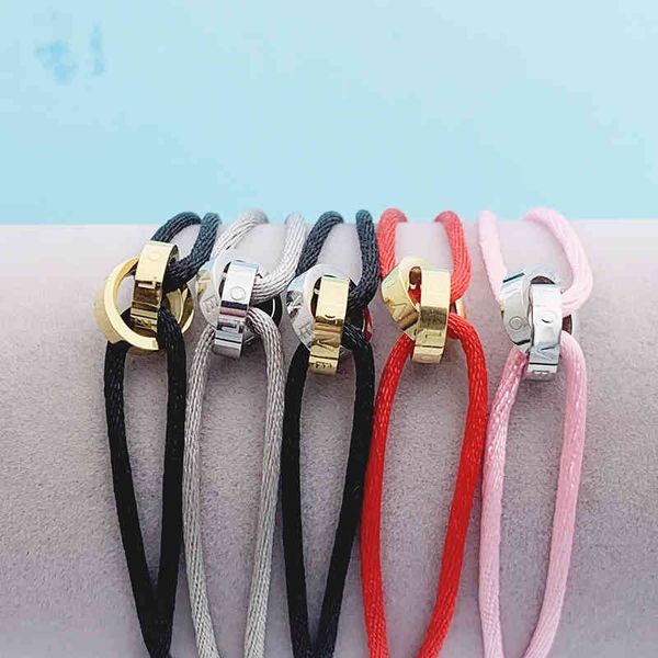

bangle designer stainless steel two circle crossed bracelet with adjustable rope for women men love letter jewelry, Black