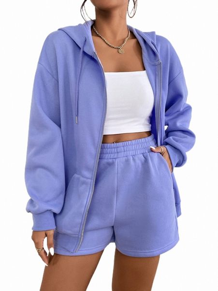 

zip up drop shoulder drawstring thermal hoodie & shorts w7lx#, White