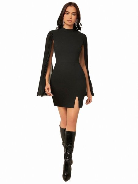 

mock neck split sleeve bodycon dress j262#, Black;gray