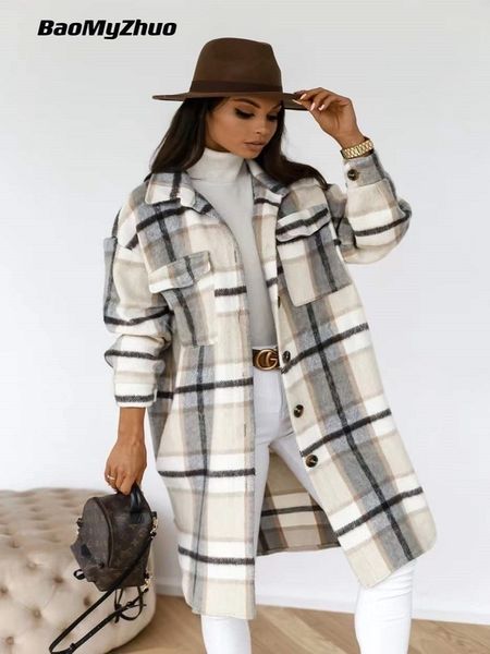 

spring plaid long blouses coat women casual vintage shirt jacket female woolen blends printed overcoat streetwear 220818, Black;brown