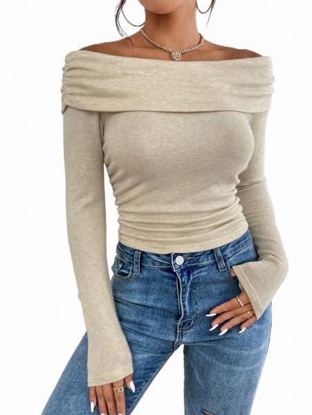 

off shoulder fold over ruched slim tee s0m5#, White