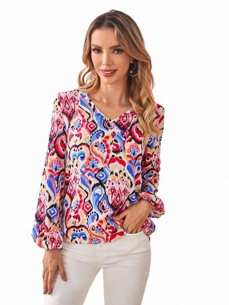 

emery rose allover print lantern sleeve blouse t4sv#, White