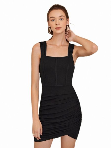 

mod solid ruched asymmetrical hem bodycon dress m5to#, Black;gray
