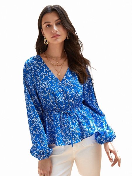

frenchy v neck ditsy floral print lantern sleeve peplum i8sq#, White