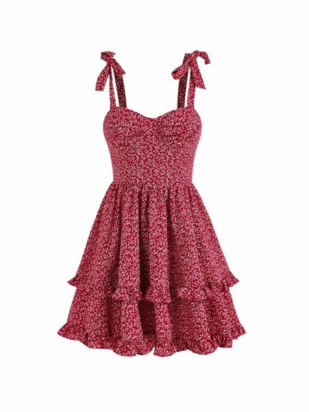 

mod plants print tie shoulder ruffle trim two layer hem cami dress 81cu#, Black;gray