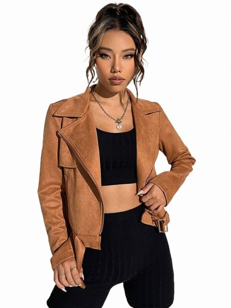 

lapel neck buckle suede biker jacket 643a#, Black;brown