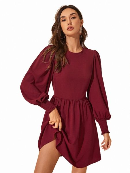 

lantern sleeve solid dress 67s7#, Black;gray