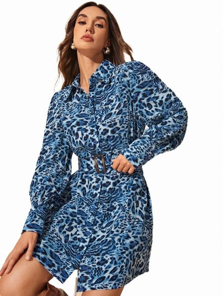 

allover print lantern sleeve self belted shirt dress u3zr#, Black;gray