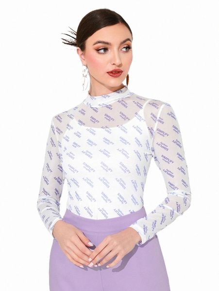 

mock neck allover letter graphic mesh g00p#, White