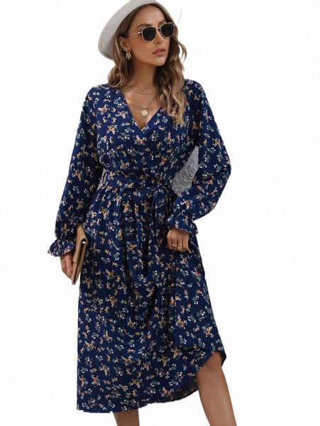 

ditsy floral print flounce sleeve belted dress 421y#, Black;gray
