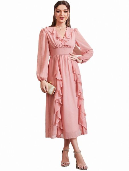 

lantern sleeve ruffle trim a-line dress s6fv#, Black;gray