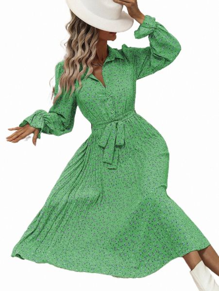 

ditsy floral flounce sleeve pleated hem belted shirt dress q0qj#, Black;gray
