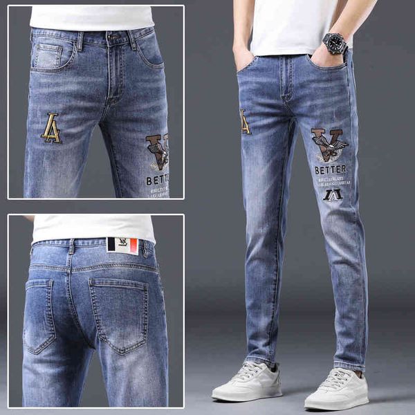 

men's jeans high-end embroidered trendy jeans men's thin light blue slim fit feet print summer jkjf