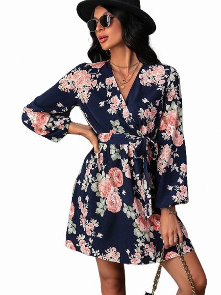

floral print lantern sleeve overlap collar belted dress 37gt#, Black;gray