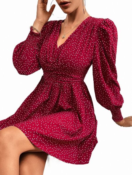 

polka dot print lantern sleeve dress n2bt#, Black;gray