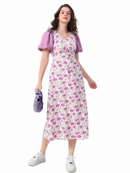 

floral print puff sleeve dress i3di#, Black;gray