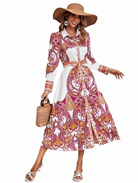 

paisley print split hem belted shirt dress e0c1#, Black;gray