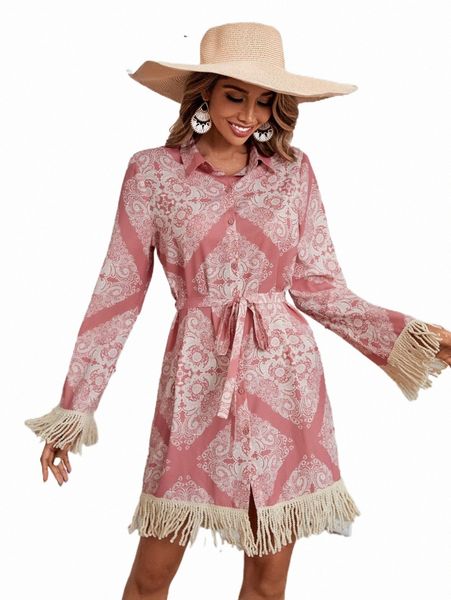 

paisley scarf print fringe trim belted shirt dress x8op#, Black;gray
