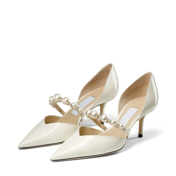 

luxury women pumps sandals jimmy london choo aurelie 65 mm trendy italy jc pointed toes pearl ankle strap patent leather design wedding part, Black