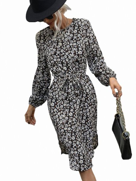 

allover floral print lantern sleeve belted dress t4nh#, Black;gray