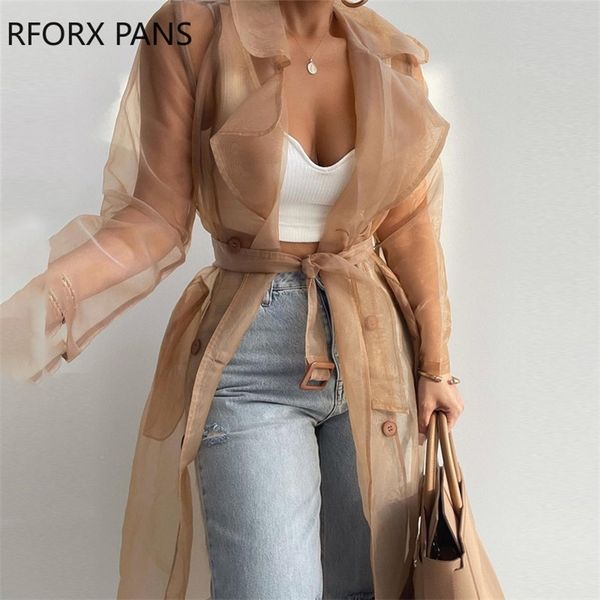 

women chic elegant solid button with sashes turn down collar long sleeves mesh casual trench coat 220818, Black;brown