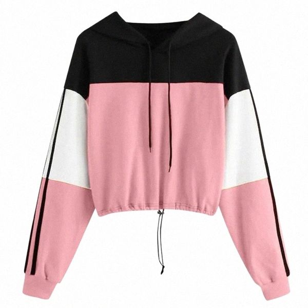 

women's hoodies & sweatshirts women long sleeve tie dye patchwork print draw string short sweatshirt crop round neck pullover 35qy#, Black