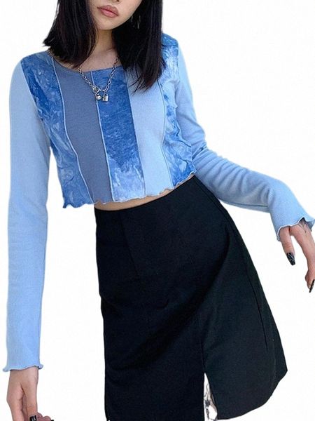 

e-girl sweet patchwork tie dye ribbed t-shirts y2k fashion stitch o-neck long sleeve ruffles hem blue crop autumn clothing women's t-s, White