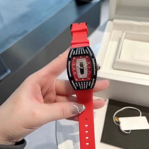 

fashion quartz women's watch sports 316 stainless steel case personality wine barrel silicone strap diamond red hollow dial luxury watc, Slivery;golden