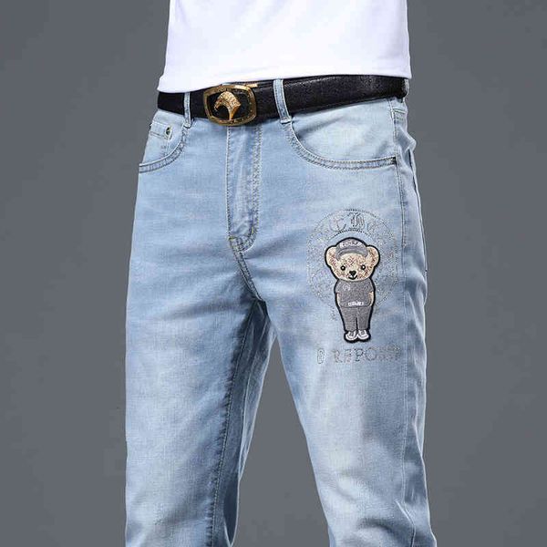

men's jeans european diamond jeans men's summer thin bear elastic straight slim fit small foot casual pants yxm7, Blue
