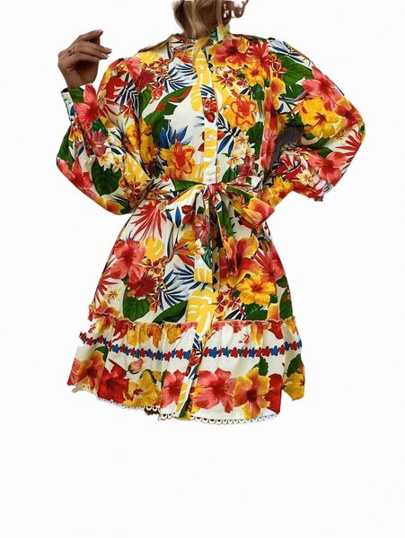 

floral print lantern sleeve ruffle hem belted dress g6c9#, Black;gray