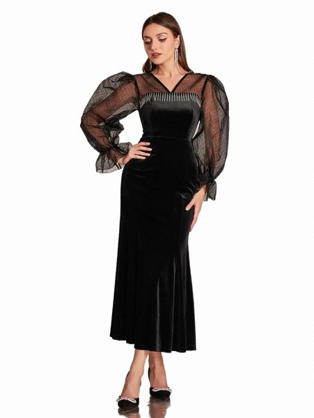 

sheer mesh yoke velvet dress n7ap#, Black;gray
