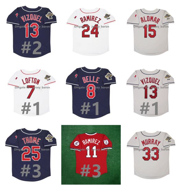 

vintage albert belle 1995 world series manny ramirez baseball jersey jim thome kenny lofton omar vizquel sandy alomar bob feller eddie murra, Blue;black