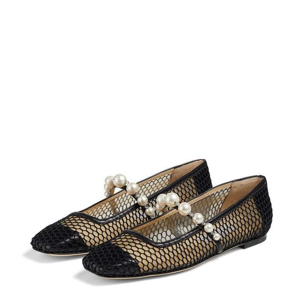 

luxury jimmy womens summer pumps sandals london choo ade flat fashion pearls ankle chain embellished grid designer square toes ballerinas, Black