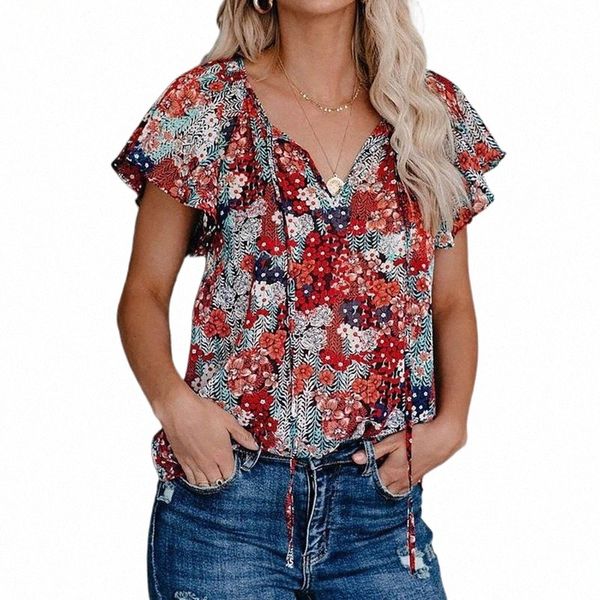 

fashion women clothing t-shirt tie rope printed chiffon shirt v-neck short sleeve plus size summer ladies clothes women's v0hg#, White