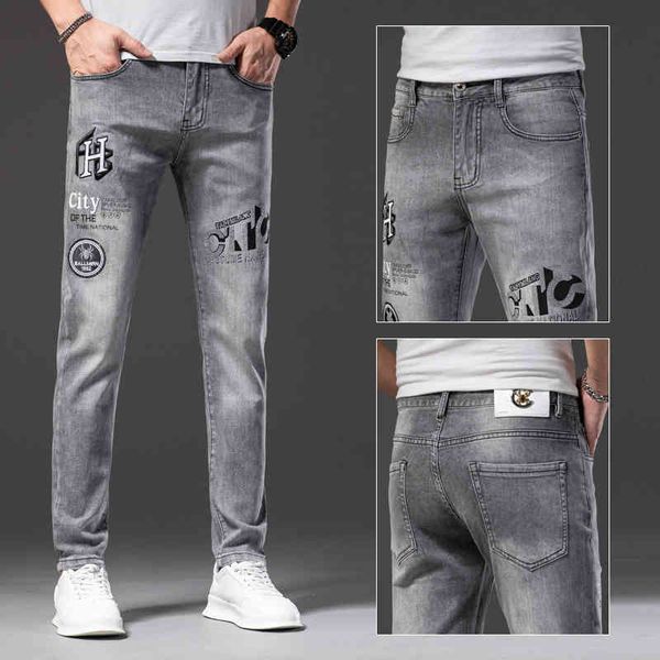 

men's jeans men's summer fashion personality drill slim fit elastic jeans versatile middle waist and small leg pants puab, Blue