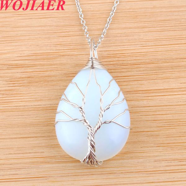 

natural stone crystal tree of life necklace amethyst opal green water drop bead twining pendant chain bo912, Silver