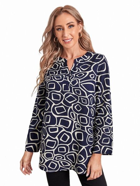 

emery rose allover print half button blouse c8jm#, White