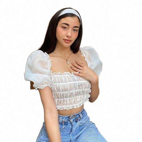 

women lace cropped shirt ruffle summer party casual mesh patchwork square neck pleated puff short sleeve clothes women's t-shirt s5dd#, White