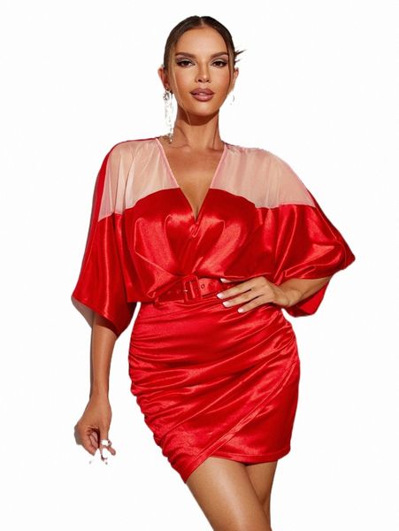 

glamaker colorblock batwing sleeve ruched satin bodycon dress p2ir#, Black;gray